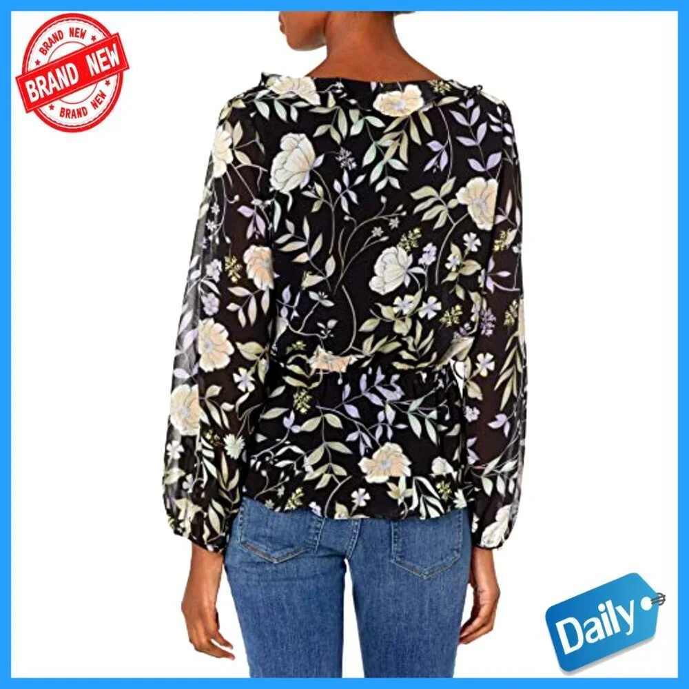 Girls' Ruffle Sleeve Faux Wrap Blouse, Regular Fit, Long Length